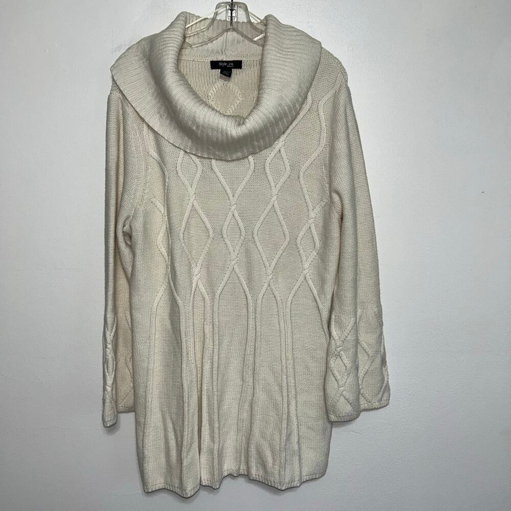 Style & Co 2X Cream Cowl Neck Cable Knit Tunic Sweater